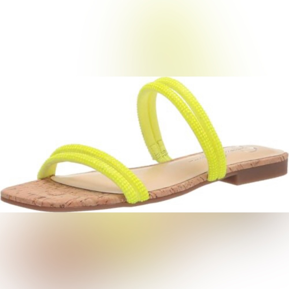 💛Jessica Simpson Womens Raexe 2 Microsuede Rhinestone Flat Sandal neon yellow.